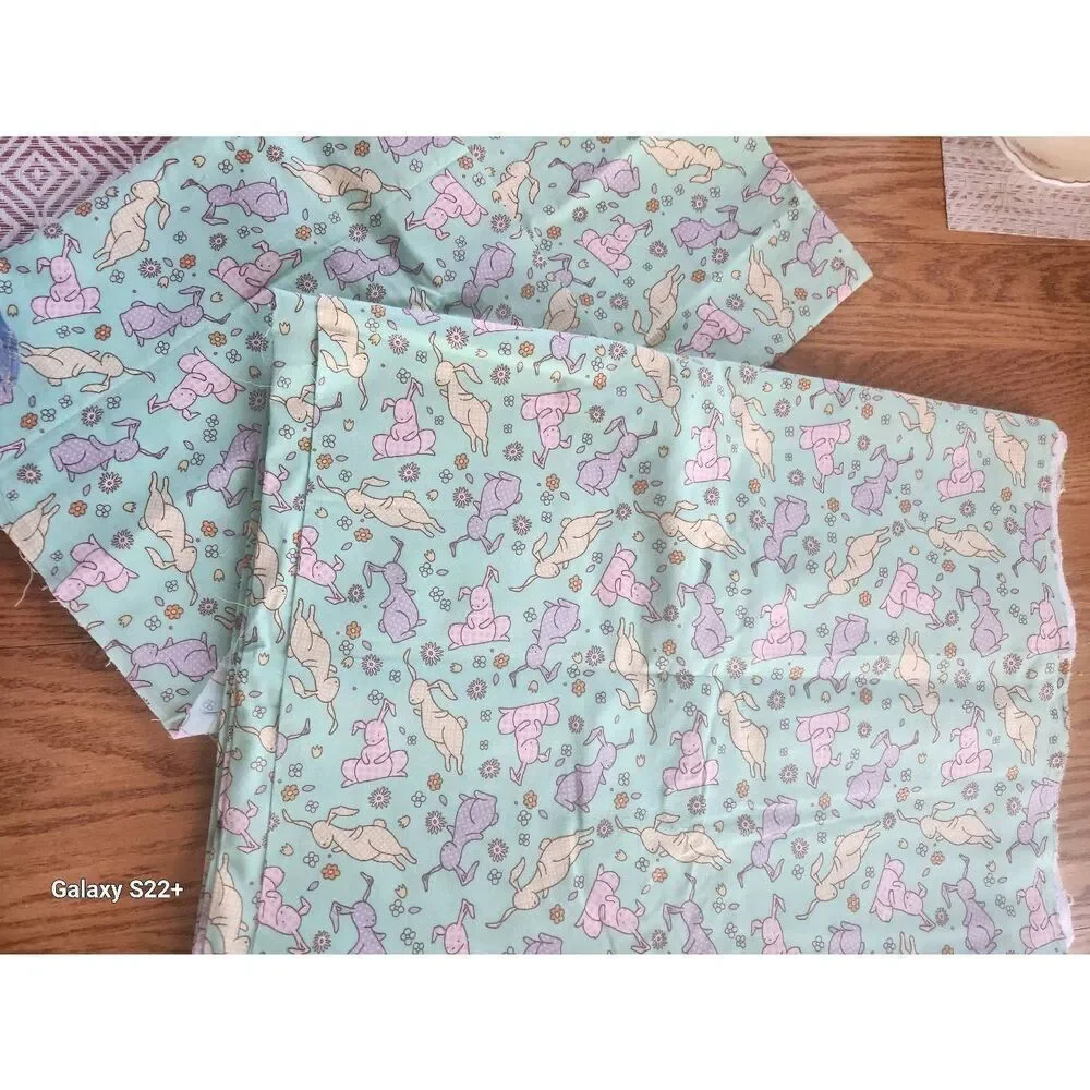 Bunny rabbit fabric green pink & purple pastel colors Baby blankets sewing craft